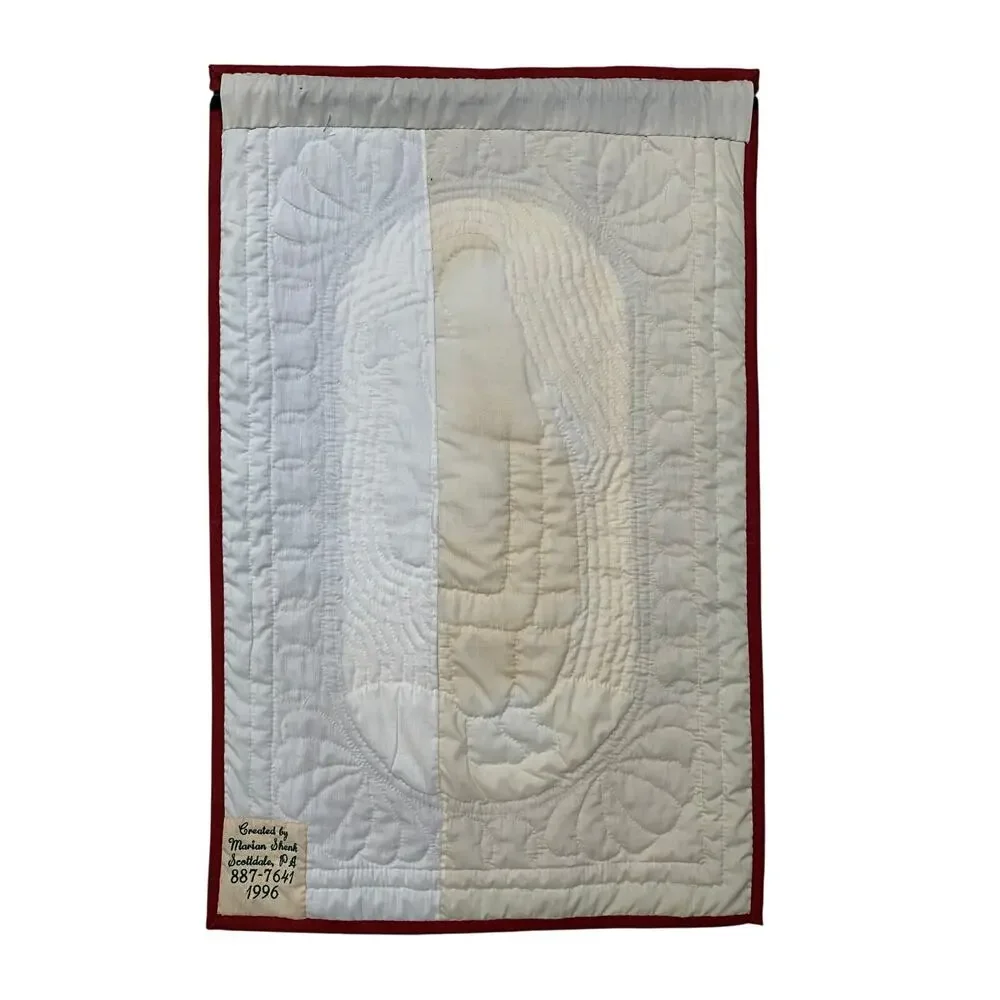 1996 Vintage Appliqué Quilted Block Old World Santa Wall Hanging With Rod 33x21